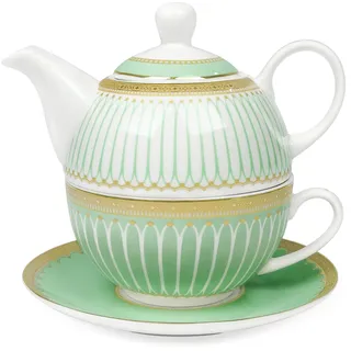 fanquare Tea for One Set mit Goldrand, Grünes Teekannen Set für Erwachsene, Keramische Kaffeetasse mit Untertasse, Klassisch Gestreift