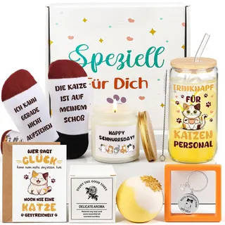 TUZELIYA Geschenke für Katzenliebhaber - Süße Katzen Geschenkset mit Katzen Trinkbecher Katzensocken Duftkerze, Geburtstagsgeschenk für Frauen Freundin Mädchen