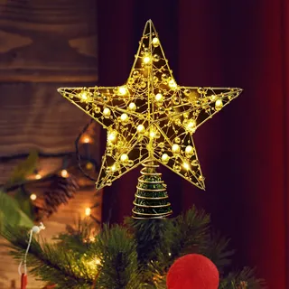 Christbaumspitze, 25 cm Baumspitze Weihnachten, Metall Design glitzerte 20 LED Lichter Christbaumspitze Stern für Festliche Weihnachten zu Hause Weihnachtsbaum Deko (Gold)