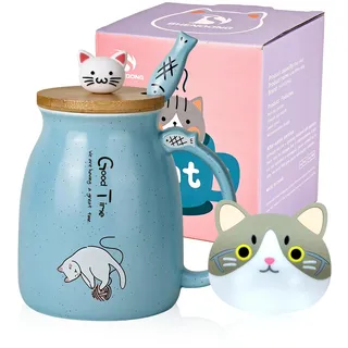 Katze-Becher Süße Kaffeetasse aus Keramik mit Kawaii-Katze Holzdeckel und schöner Löffel aus Edelstahl Neuheit Morning CupKaffee-Milch-Tee-Becher - 3D-Tier Katzen-Tassen für Katzenliebhaber Frau Blau