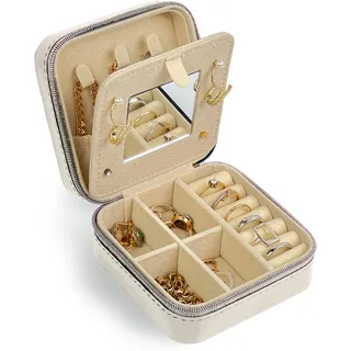 HomeGadget Reise Schmuckkästchen mit Spiegel - Schmuck Box aus PU Leder mit Reißverschluss - Jewelry Organizer - Weiß