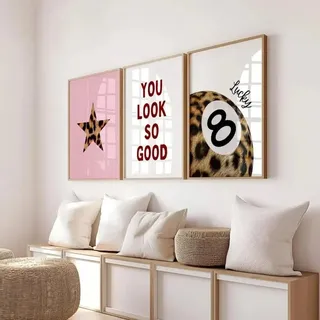 3 Bilder Leopard Rosa 30x40 Poster Y2k Billiard Kugel 8 Sterne Zitate Motivation Sprüche Wandbilder Teenager Zimmer Modern Wand Pop Art Leinwand Kunstdruck Deko Schlafzimmer Mädchen ohne Rahmen