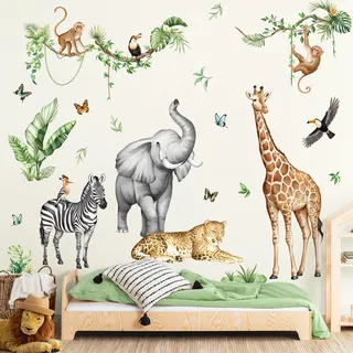 Supzone Wandtattoo Dschungel Safari Tiere Baum XXL Wandsticker Giraffe Elefant Groß Wandaufkleber Kinderzimmer Babyzimmer Schlafzimmer Jungen Wanddeko