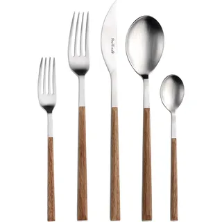 Pintinox Kyoto 30-teiliges Besteckset Nickelfreiem Stahl 6 Kucktischen, 6 Gabeln, 6 Colt Tisch, 6 Kaffeekuchen, 6 Süßgabeln Teak