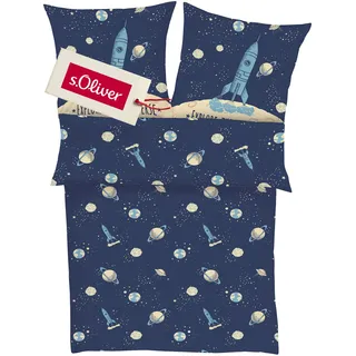s.Oliver Kinderbettwäsche Universum 135x200 cm - 100% Baumwolle, praktischer Reißverschluss & maschinenwaschbar, Bettwäsche für Kinder Astronaut & Rakete 2tlg. blau
