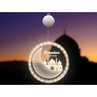 Kellegour 24cm Eid Ramadan Dekorative Fenster Lichter,LED Muslim Ramadan Lichterkette,Eid Ramadan Lichterkette LED,Mond und Schloss Islam Mubarak Dekoration,für Außenbereich,Innen Party Deko,Warmweiß