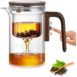 Magische Teekanne Glas mit Magnet-Siebeinsatz – Wassertrennung Teekanne 600ml aus Borosilikatglas & Holzgriff, Zauber-Teekanne für losen Tee & Aufgüsse | Elegantes Tee-Set