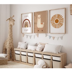 MeinBaby123® Poster Kinderzimmer | 3er Set DIN A2 | Wandbilder | Kinderzimmer Poster | Deko Bilder Kinderzimmer | Babyzimmer Deko | Geschenk zur Geburt | Wandposter Premium (Alpaka & Sonne A2)