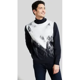 Rollkragenpullover BUGATTI, Herren, Gr. 3XL, blau (marine), 70% Polyacryl, 30% Wolle, bedruckt, regular fit, ohne Ausschnitt, Rippbündchen, Pullover Rollkragenpullover, mit winterlichem Bergmotiv