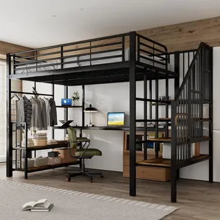 Flieks Etagenbett 120x200cm mit Schreibtisch und Ladefunktion, Jugendbett Metallbett mit Kleiderstange und Ablagen, Kinderbett Metallbett, Schwarz - Schwarz