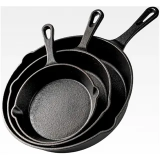 Vorbereitete Gusseisen-Bratpfanne - Ofensicheres Kochgeschirr für Innen- und Außenbereich - Grill, Herd, Schwarz (3-teiliges Set: 6 Zoll 15 cm, 8 Zoll 20 cm, 10 Zoll 25 cm)