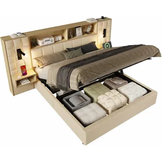 Stilvora Polsterbett 180/200 cm in Beige mit Stauraum, Led, USB und Type-C Leinen Vintage-Design , Textil , 160x200 cm , Schlafzimmer, Betten, Polsterbetten