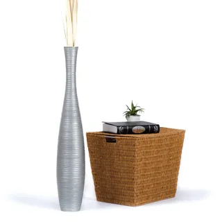 Leewadee Große Deko Bodenvase Für Dekozweige, Hohe Standvase Für Pampasgras, Design Holzvase, 85 cm, Silber