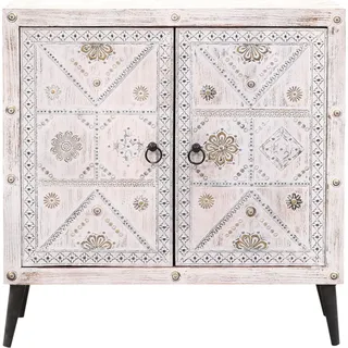 Marrakesch Boho Kommode mit Türen aus Holz weiß 80cm groß | Orientalische Deko kleines Sideboard Komode Vaqui Handarbeit für stilvolle Aufbewahrung & Vintage Deko im Wohnzimmer & Schlafzimmer - Weiß