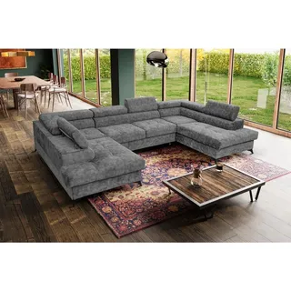 beautysofa U-Form Polsterecke Sorento U 345 cm XXL Ecksofa große Schlafecke mit Bettkasten Kopfstützen Wohnlandschaft, Stoff: sally 09 - grau - Grau