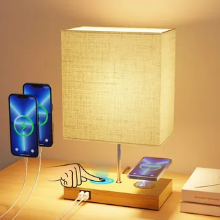 GLUROO Nachttischlampe mit Ladefunktion, Kabelloses Laden Tischlampe mit Touch-Steuerung, 3 Wege Dimmbar, 2 USB-Anschlüsse, E27 LED Birne Enthalten, Nachtlicht für Schlafzimmer, Wohnzimmer
