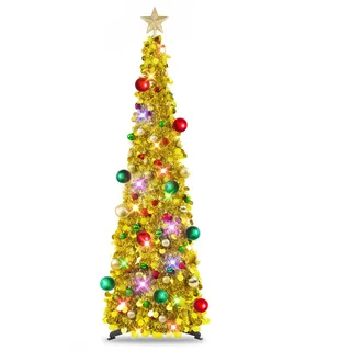 Pop-up Künstlicher Weihnachtsbaum Mit Beleuchtung, Faltbarer Weihnachtsbaum | 5FT Pop up Christbaum Mit 30 Weihnachtskugeln, 8 Licht-Modi, Zusammenklappbarer, Einfache Montage, Sternspitze,Weihnachtsdeko