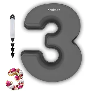 Nenkarn Silikon Backform Zahlen, Backform Zahl 3, Kuchenform Zahlen Groß 25cm, Number Cake mit Dekoration zum Backen, Geburtstag und Jahrestag, BPA frei, Anti-Stick