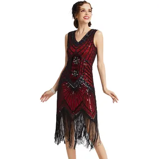 BABEYOND Damen-Charleston-Kleid, 1920er-Jahre, V-Ausschnitt, Great Gatsby-Kleid mit Perlen, Fransen
