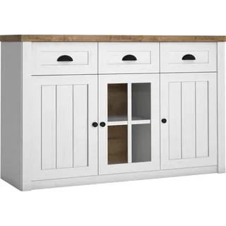 Furniture24 Kommode Prowansja K3S, Sieboard mit 3 Türen, 3 Schubladen Kiefer Weiß/Lefkas Eiche - Weiß