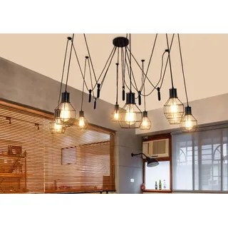 Pendelleuchte HWC-H85, Hängelampe Hängeleuchte, Industrial Metall höhenverstellbar schwarz ~ 9x Gitt