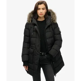 Superdry für Damen. W5011787A Schwarzer Everest Steppmantel aus Kunstfell in mittlerer Länge (M), Lässig, Recyceltes Polyester, Nachhaltig