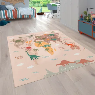 Paco Home Kinderteppich »Bino 583«, rechteckig, 4 mm Höhe, Spielteppich, Motiv Weltkarte & Dinosaurier, Kinderzimmer, beige