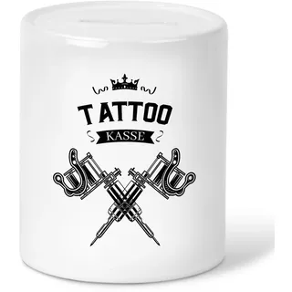 22Feels Spardose für Tattoo-Liebhaber & Fans – Geschenk für Ink-Liebhaber – Keramik, Weiß mit Tattoo Kasse & Tattoo-Maschinen