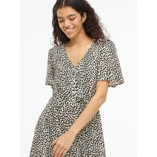 Minikleid VILA "VIGRACE V-NECK S/S SHORT DRESS - NOOS", Damen, Gr. 42, N-Gr, sandshell aop:dot schwarz beauty, Web, Obermaterial: 100% Viskose, bedruckt, regular fit kurz, V-Ausschnitt, Kleider Minikleid, Sommerkleid