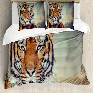ABAKUHAUS Tiger Bettbezug, Große Ruhe Wild Cat Blur, Milbensicher Allergiker geeignet mit Kissenbezügen, 200 cm x 200 cm - 80 x 80 cm, Orange Multicolor