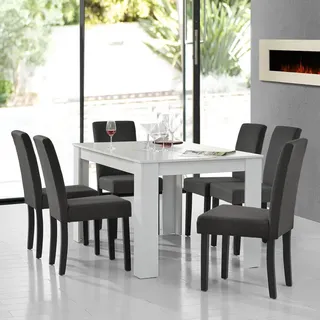 [en.casa] Esstisch (weiß) mit 6 Esszimmerstühlen in dunkelgrau - 140x90cm - Dunkelgrau, Schwarz, Weiß