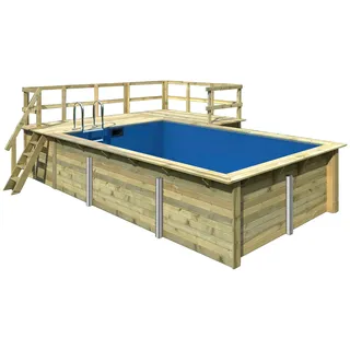 Karibu Rechteckpool »Malta B BxLxH: 353x530x124 cm mit Sonnendeck und Ecke«, (Set), 44 mm starke kesseldruckimprägnierte Holzbohlen aus Fichtenholz, braun