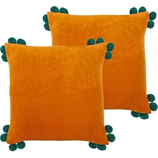 Furn. Hoola Kissen mit Bommeln, Polyester, gefüllt, 45 x 45 cm, Orange/Blaugrün, 2 Stück