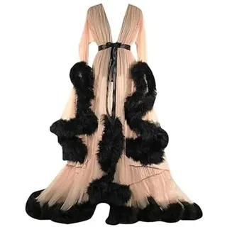 Generisch Damen Lange Dessous Frauen Sexy Robe Dessous Bademantel Durchsichtige Feder Robe Tüll Langarm Spitze Nachthemd Kimono Bademantel Mit Rüschen Federbesatz