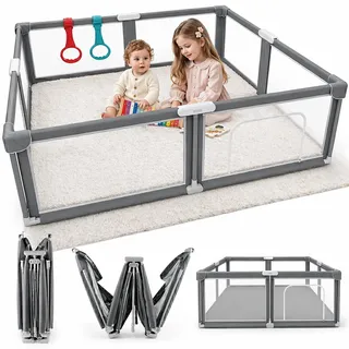 Laufstall Faltbar Baby Playpen - 1.5x1.8CM-Laufgitter, 1min-Schneller Aufbau, Sicher & Tragbar für drinnen & draußen (Grau)