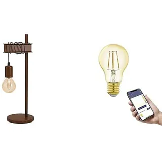 EGLO Tischlampe Townshend 4, Tischleuchte vintage, industrial, Nachttischlampe inkl. E27 Smart Home connect.z Retro-Leuchtmittel, Wohnzimmerlampe aus Metall in Antik-Braun, Lampe mit Schalter