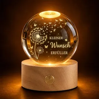 Herbst Wunscherfüller, 6cm Kristallkugel Nachtlicht 3D Glaskugel Deko | Warmes Briefbeschwerer Glaskugel Aufladbar mit Holzsockel, Pusteblume & Gravur KLEINER Wunsch ERFÜLLER Geschenke für Frauen