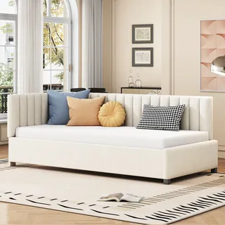 Flieks Polsterbett 90x200cm mit Lattenrost, Tagesbett Schlafsofa mit Rückenlehne, Einzelbett Gästebett Daybett Jugendbett Sofabett, Samt, Beige - Beige