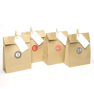 Plantvibes 24 hochwertige Geschenktüten mit Aufklebern aus Kraftpapier, Papiertüten Bunt, ideale Tüte für DIY Adventskalender oder Weihnachtsgeschenke, Geschenktüte