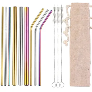 9 Stück Edelstahl Strohhalme, Wiederverwendbar Trinkhalme, Trinkröhrchen Set, Metallstrohhalme mit 3 Reinigungsbürste, für Cocktail, Smoothie und Säfte (Metallicfarbe 1)