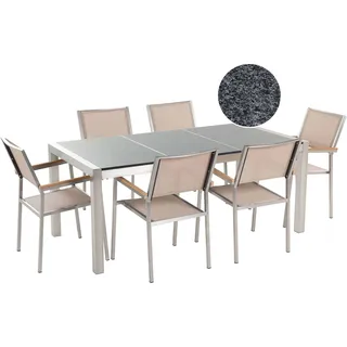 BELIANI Gartenmöbel Set Grau Beige Granit Edelstahl Tisch 180 cm Poliert 6 Stühle Terrasse Outdoor Modern - Grau, Beige, Silber