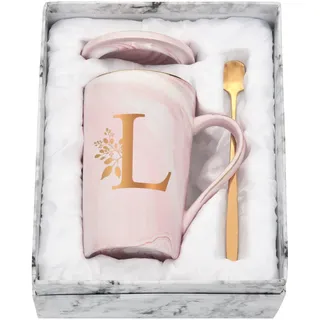 Joymaking Personalisierte Tasse mit Buchstaben Kaffeetasse mit Blumen Motiv, Namen Initiale persönliche Geschenke Kaffeetasse für Frauen Freundin, L - 400ml Rosa