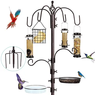 YINGYM Vogelfutterstation mit 6 Haken, Futterstation für Wildvögel, Stahl-Multi-Feeder-Set, Ständer mit 4 Vogelfutterspendern, Vogeltränke und Netzablage, 238 cm