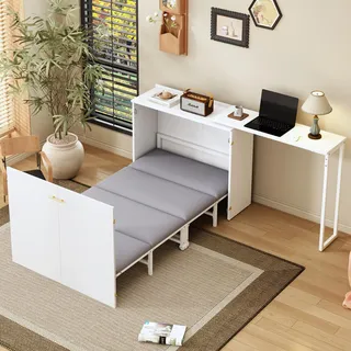 MODFU Moderner Schrankbett Schreibtisch mit Rollen Klappbett mit drehbarem Schreibtisch und Matratze Sideboard geeignet für Wohnzimmer oder Schlafzimmer Weiß - Weiß