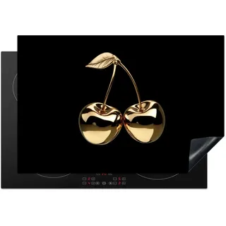 KitchenYeah© Herdabdeckplatte Einteilig Induktionsmatte Küche Abdeckung | 78x52 cm - Glaskeramikkochfeld Herd Abdeckplatte Deko Vinyl Matte Aufrollbar Kirschen - Schwarz - Gold - Chrom