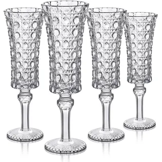 Joeyan 120ml Vintage Sektgläser 4er set, 4 oz Geprägte Champagner Gläser für Cava Prosecco, Gravur Sektkelche mit Diamantge Pattern Relief, Dekorative Stielgläser Sektflöten für Bars Zuhause Party