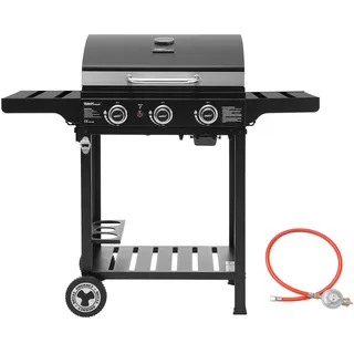 Royal Gourmet 3 Brenner Gasgrill Grillwagen mit Klappbaren Seitenablagen, Camping Grill mit Flascheständer, Standgrill mit Edelstahl Brenner 9 kW Schwarz