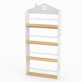 FANTASK Kinderregal in Hausform, Bücherregal mit 4 Ablagen & Metallstangen, Montessori Spielzeugregal & Wandregal, Schmal für Kinderzimmer & Spielzimmer, Weiß, 61 x 15 x 130 cm