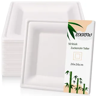 EOGRFW Zuckerrohr Teller,50 Stück Umweltverträgliches Bagasse Geschirr Einweg,26x26 cm Pappteller Eckig,Weiß Bagasse Einwegteller für Party,Camping,Picknicks,Grillpartys,Geburtstage