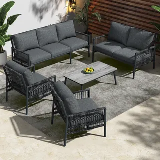 Flieks Gartenmöbel-sets 7 Personen, Lounge Balkonmöbel Set 5-tlg, Rattan Gartenloungesets Terassenmöbel mit Kissen, Sitzgruppe Gartengarnitur, Grau - Grau